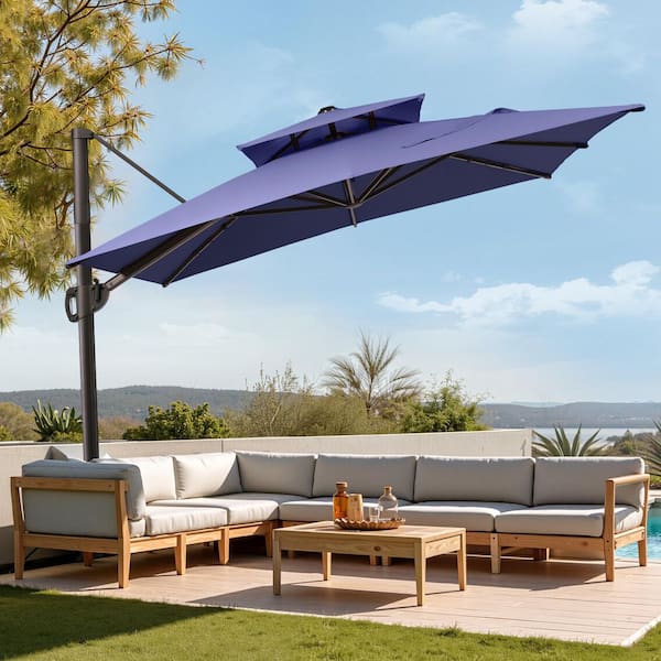 Pellebant Double Top 9 ft. x 10.5 ft. Outdoor Aluminum Cantilever Swivel 360°Rotational Tilt Offset Patio Umbrella in Navy Blue