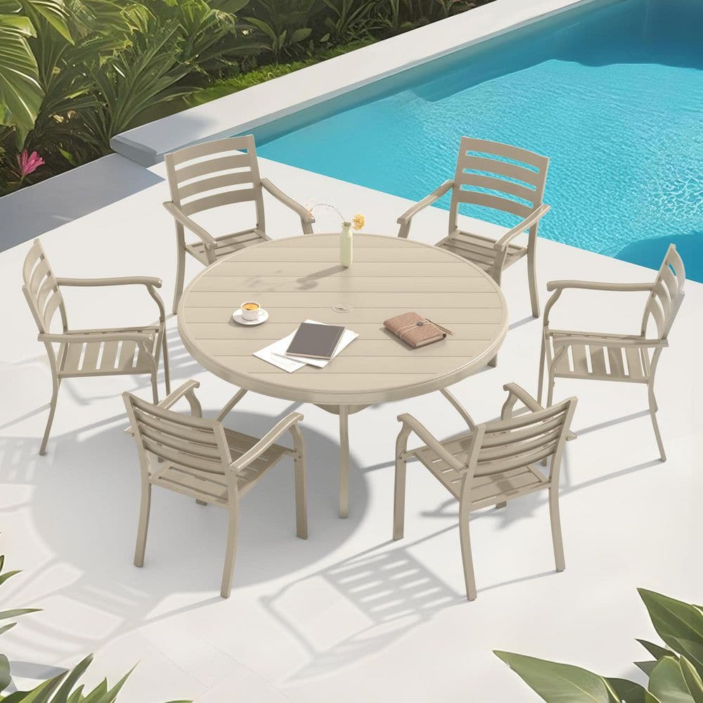 Carvix 7-Piece Metal Patio Outdoor Dining Set with 6 Stackable Dining Chairs, Sandstone price history on PriceWatchPro