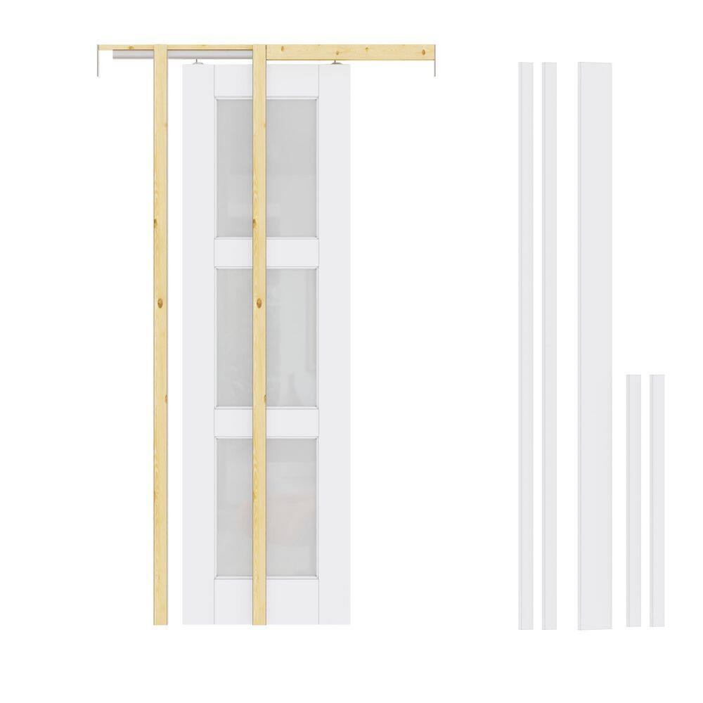18 in. x 80 in. 3-Lite Frosted Glass Primed White Wood Sliding Pocket Door with Pocket Door Frame, Jamb and Hardware Kit price history on PriceWatchPro