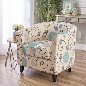 White and Blue Printed Fabric Upholstered Arm Chair, Club Chair with Birch Wood Legs