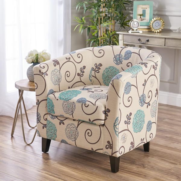 CHRISTOPHER KNIGHT HOME White and Blue Printed Fabric Upholstered Arm Chair, Club Chair with Birch Wood Legs