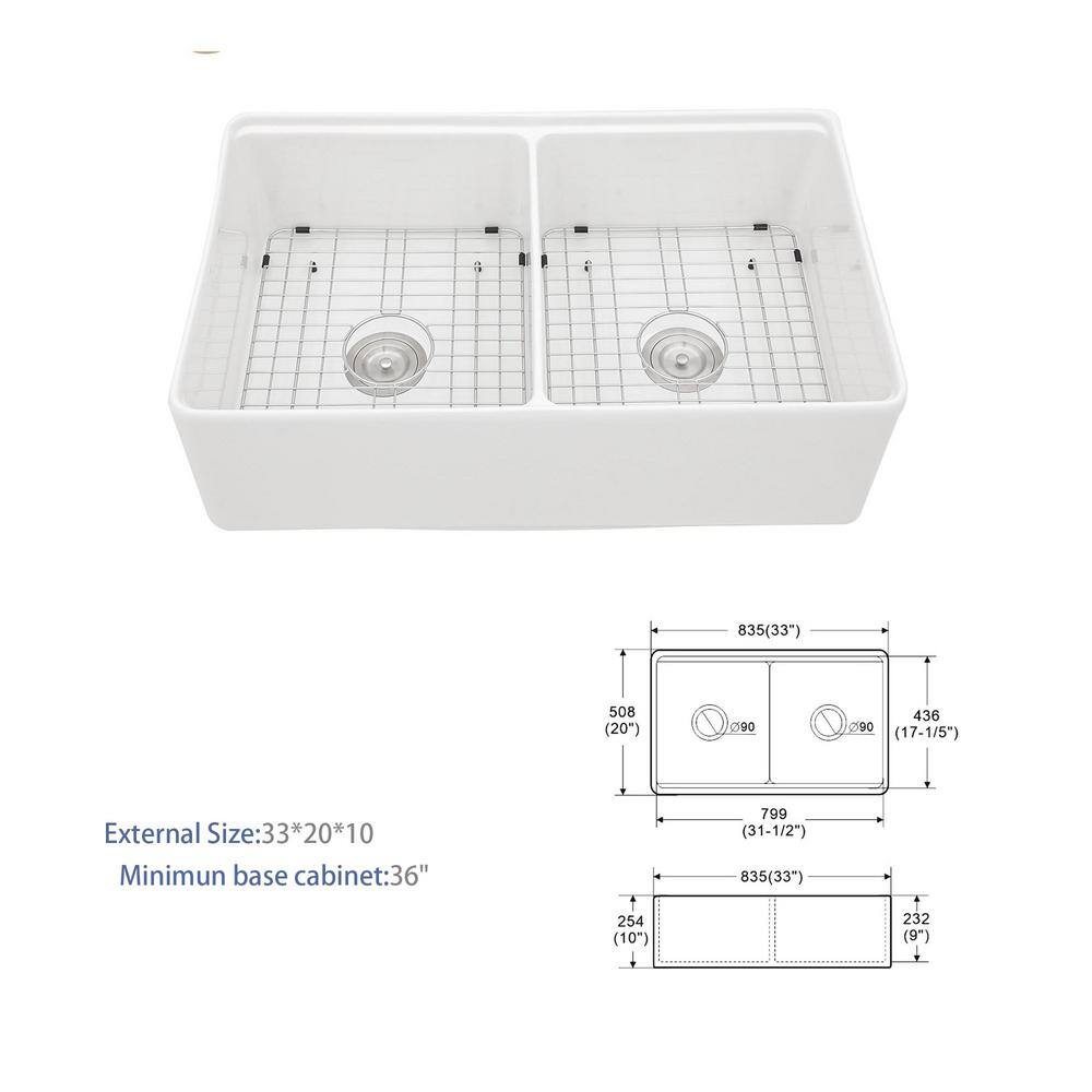 33" White Ceramic Double Bowl Farmhouse Kitchen Sink with Accessories
