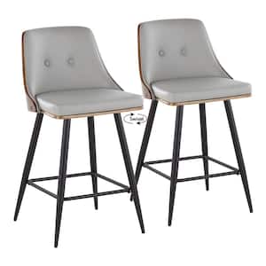 Gianna 25.25 in. Lt. Grey Faux Leather, Walnut Wood & Black Metal Fixed-Height Counter Stool Square Footrest (Set of 2)