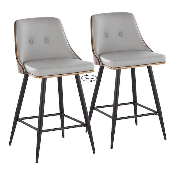 Lumisource Gianna 25.25 in. Lt. Grey Faux Leather, Walnut Wood & Black Metal Fixed-Height Counter Stool Square Footrest (Set of 2)