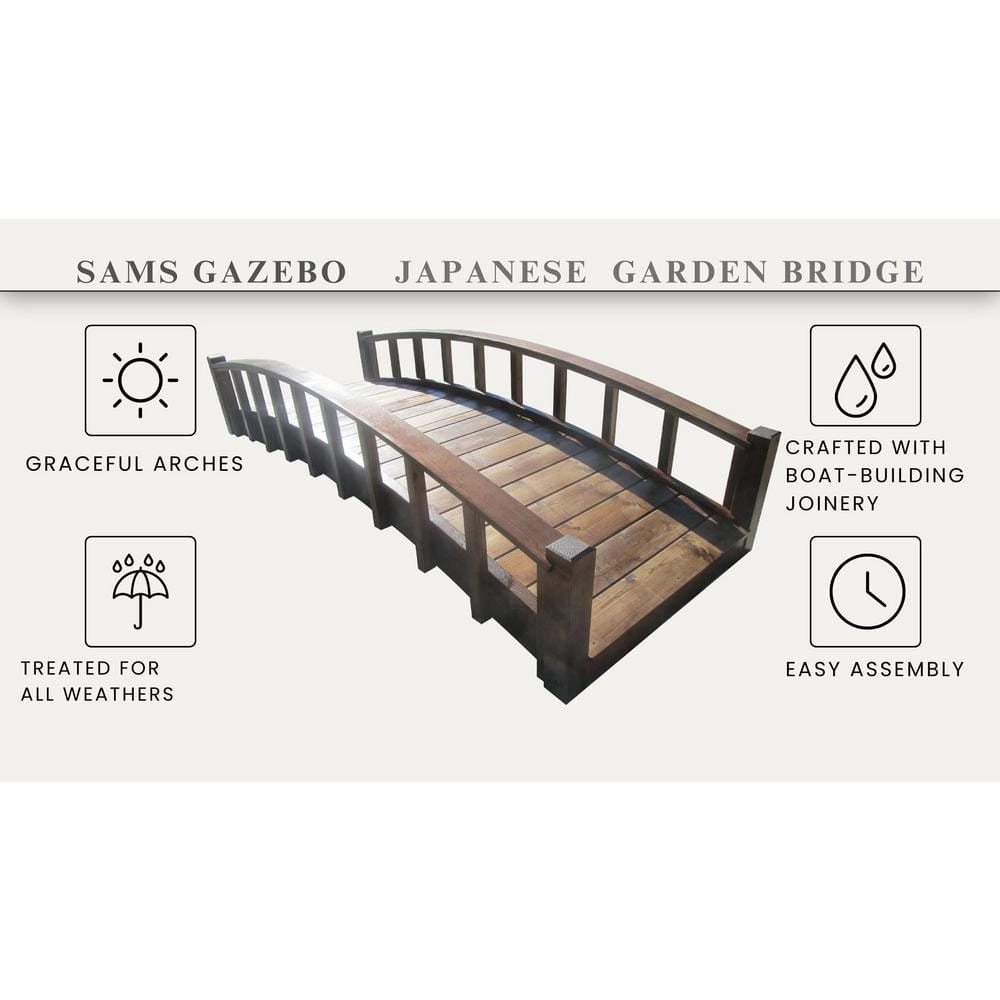 8 ft. Japanese Treated Wood Garden Moon Bridge with Arched Railings