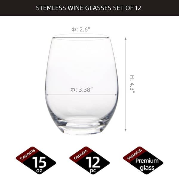 Wudkey 15 oz. Stemless Wine Glasses Set of 12, Smooth Rim Standard Wine Glass Tumbler for Red, White Wine, Dishwasher Safe