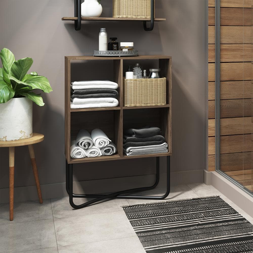 Modern Symmetrical 2-Tier Walnut Bookcase with Steel Cross-Legs