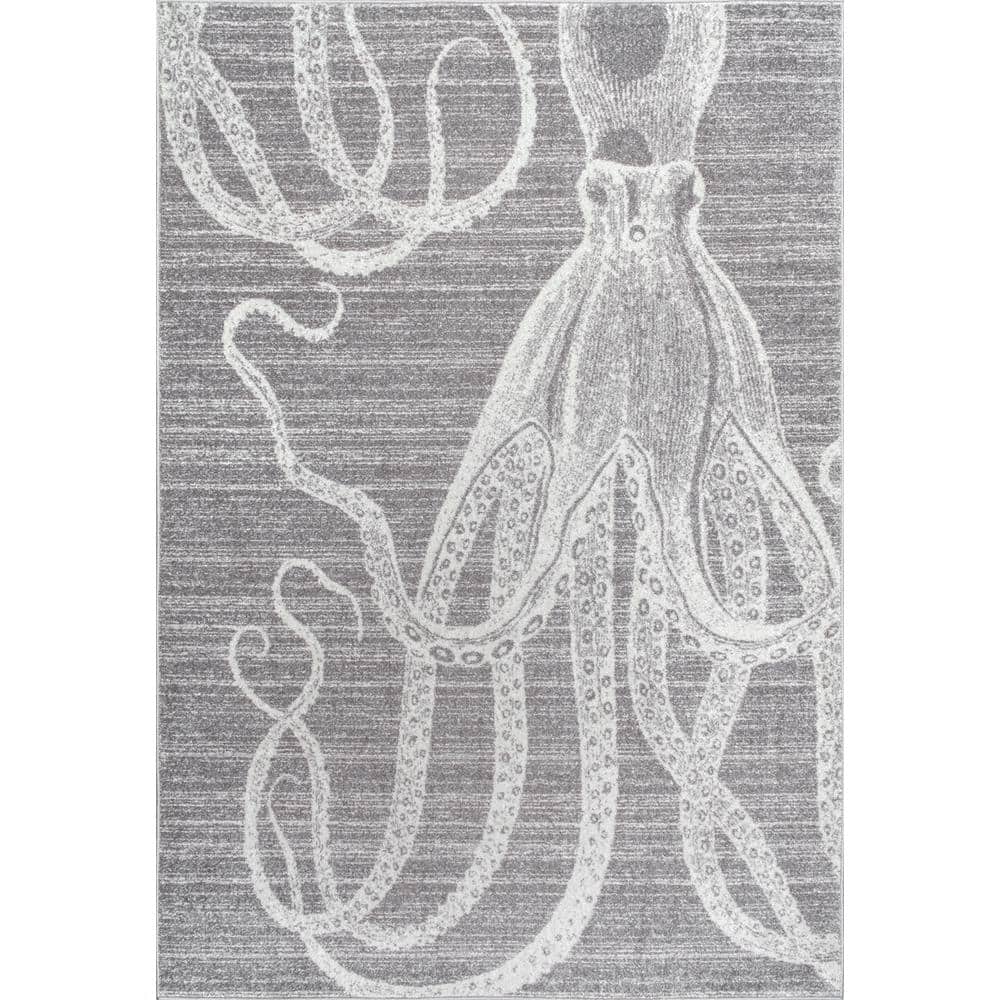 Gray and White Striped Octopus Synthetic Area Rug