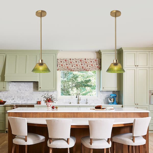 7.5 in. 1-Light Gold Pendant Light with Green Gradient Glass Shade