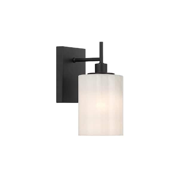 TUXEDO PARK LIGHTING 4.75 in. W x 9.75 in. H 1-Light Matte Black Modern Wall Sconce with Strie Glass Shade