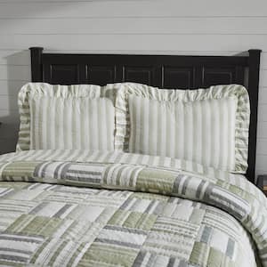 Finders Keepers Soft White Khaki Farmhouse Ruffled Striped Cotton Standard Sham