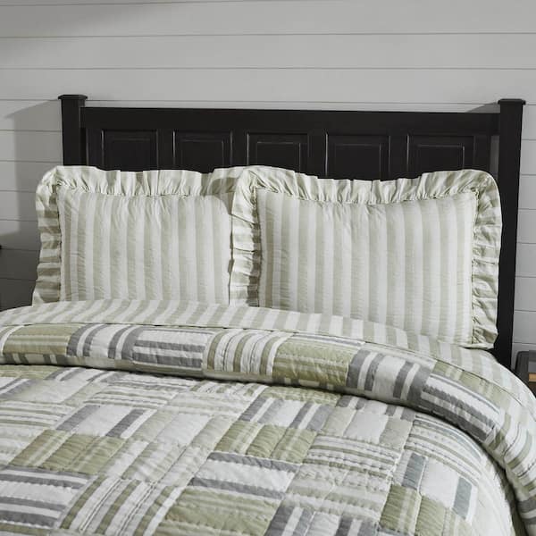 VHC BRANDS Finders Keepers Soft White Khaki Farmhouse Ruffled Striped Cotton Standard Sham