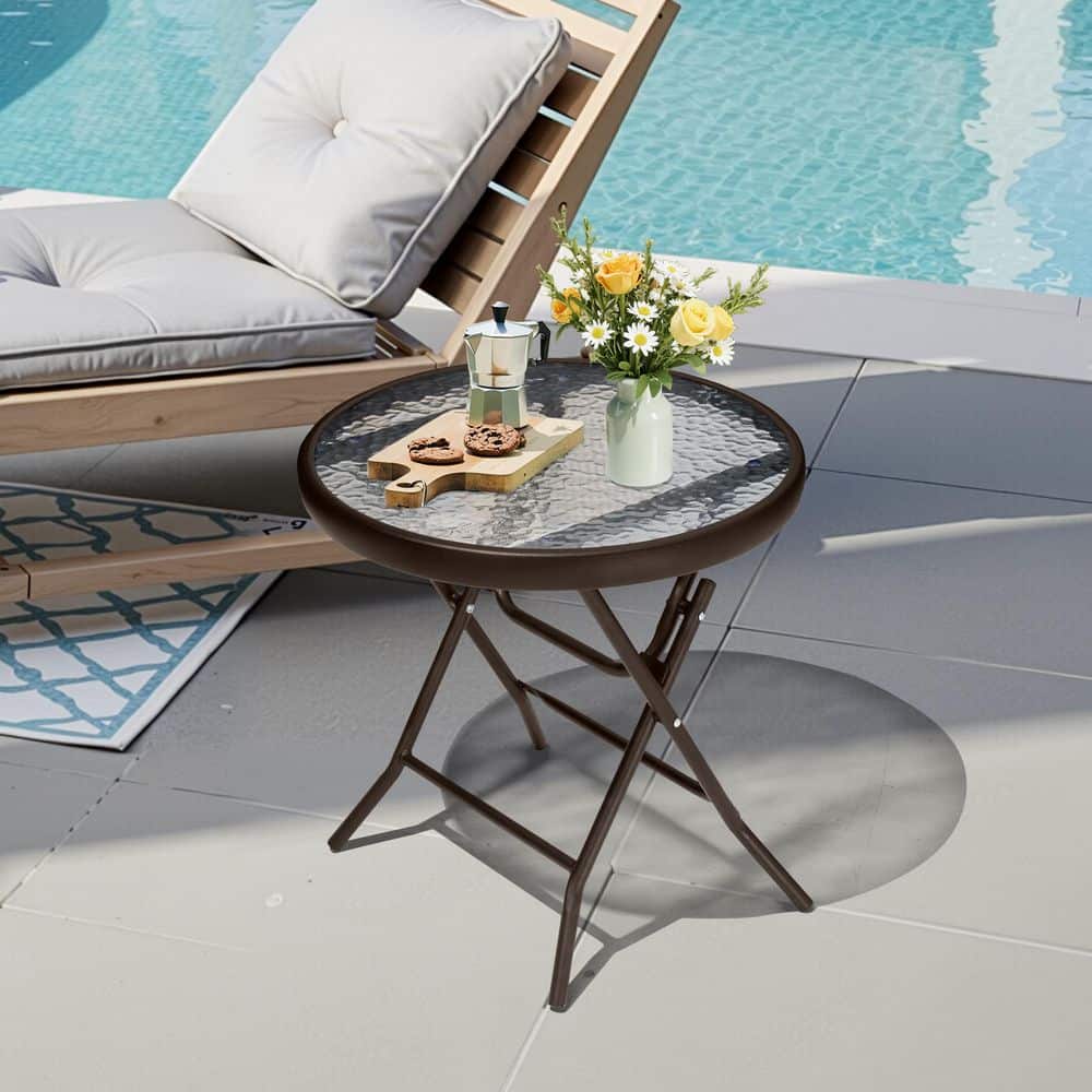 Brown Iron Foldable Round Glass Outdoor Side Table suitable for courtyard, balcony, terrace, lawn price history on PriceWatchPro