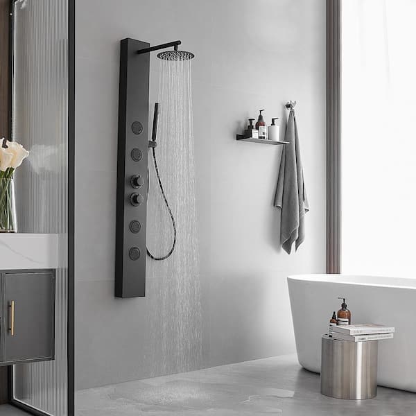 4-Jet Rainfall Shower Panel System with Rainfall Shower Head and Shower Wand in Matte Black