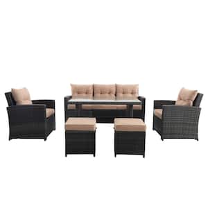 6-Piece Wicker Outdoor Patio Conversation Set with Brown Cushions and Glass Table