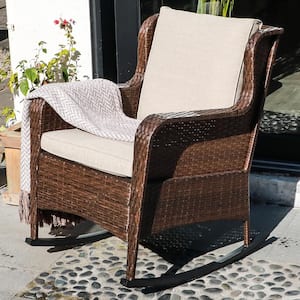 Brown Wicker Outdoor Rocking Chair with Beige Cushions
