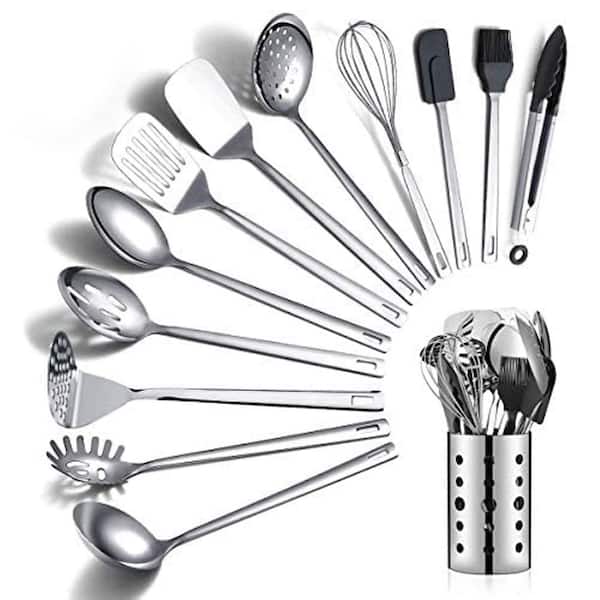 13 Piece Stainless Steel Nonstick Cookware Utensils Set Mirror Finish Heat Resistant in Silver Dishwasher Safe