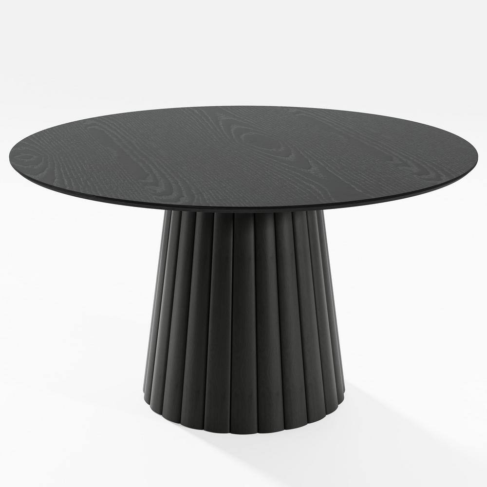 52 in. Black Oak Wood Column Pedestal Round Kitchen Table Dining Table Seats 4