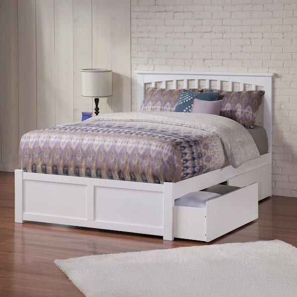 AFI Mission White Full Solid Wood Storage Platform Bed with Flat Panel Foot Board and 2 Bed Drawers