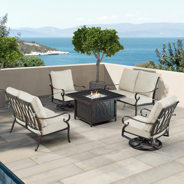 Oakland Living Black Aluminum Fire Table Set with 2-Loveseats and 2-Club Chairs
