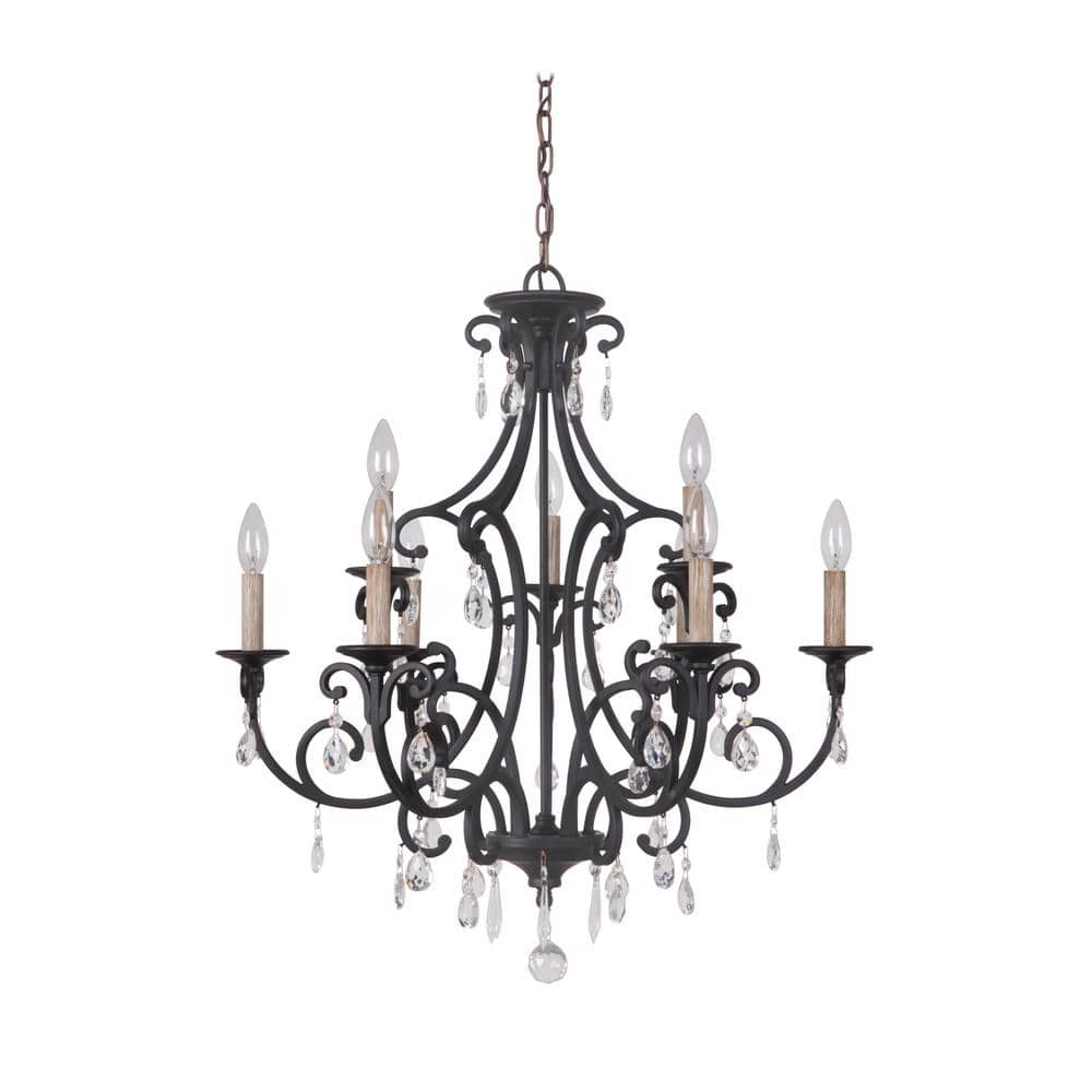 Matte Black 9-Light Wrought Iron Chandelier with Crystal Accents