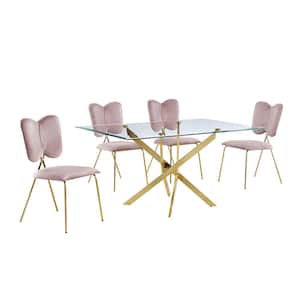Olly 5-Piece Tempered Glass Top Gold Cross Legs Base Dining Set Pink Velvet Fabric Chairs Set Seats 4
