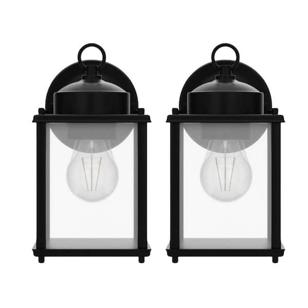 120-Volt ‎60W ‎800 lumen Black Metal Outdoor Wall Lantern with Clear Beveled Glass Shade with E26 Sockets, 2-Pack