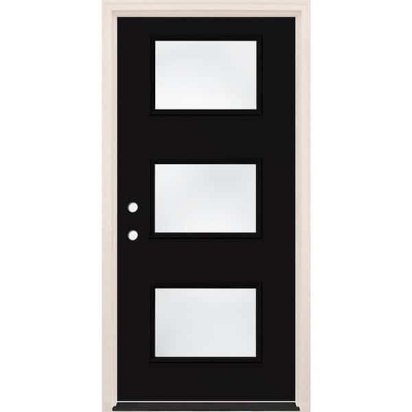 Builders Choice 36 in. x 80 in. Right-Hand/Inswing 3-Lite Clear Glass Onyx Painted Fiberglass Prehung Front Door w/4-9/16 in. Frame