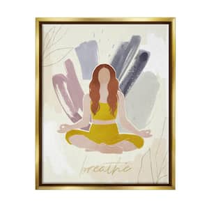 Abstract Meditating Yoga Breathe Text Botanicals by Victoria Barnes Floater Frame People Wall Art Print 31 in. x 25 in.