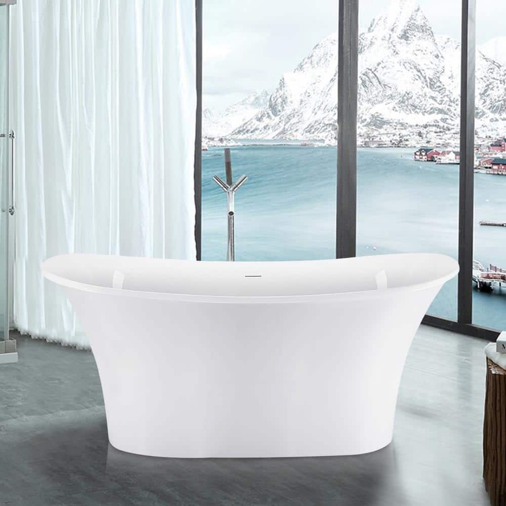59 in. Acrylic Flatbottom Freestanding Soaking Bathtub in Glossy White Over