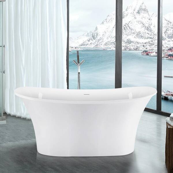 ANGELES HOME 59 in. Acrylic Flatbottom Freestanding Soaking Bathtub in Glossy White Overflow and Pop-Up Drain
