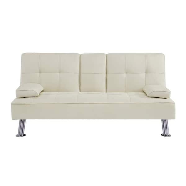 ANBAZAR 61.42 in. W Beige Fabric Folding Twin Sofa Bed with 2 Cup Holders and Removable Armrest, Single Sofa Bed with Ottoman