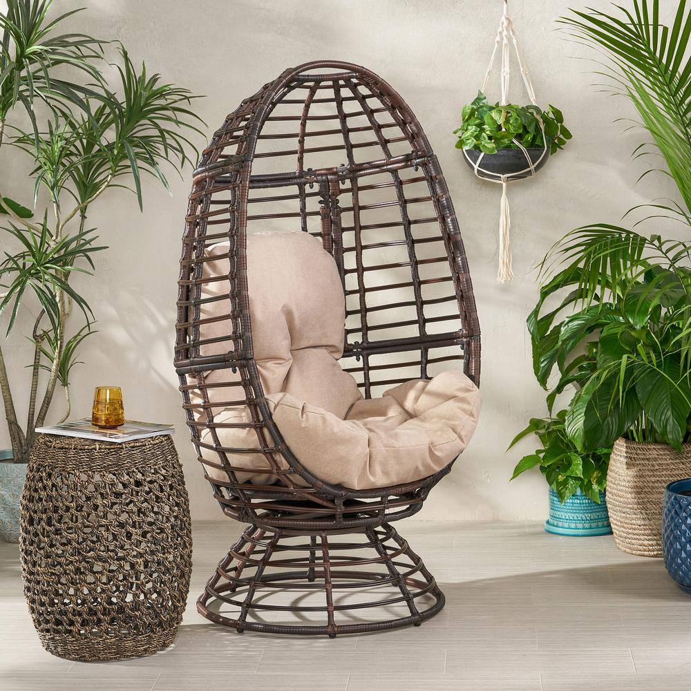 Pitner Dark Brown Iron Swivel Egg Chair with Beige Cushions