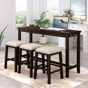 4-Piece Brown Wood Top Counter Height Dining Table Set with 2 Beige Fabric Upholstered Stools, USB Charging