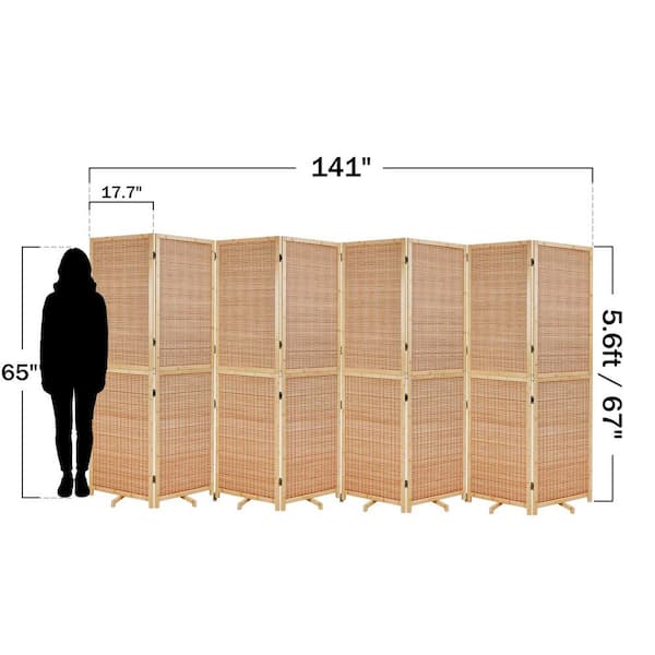 67 in. H 8-Natural1 8-Panel Bamboo Folding Room Divider with Rotating Support Feet, Privacy Screens for Indoor Bedroom