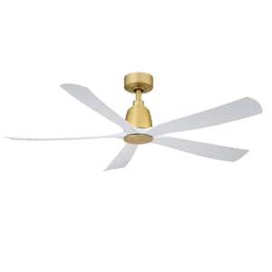 Kute5 52 in. Indoor/Outdoor Brushed Satin Brass Ceiling Fan with Matte White Blades, Remote Control and DC Motor