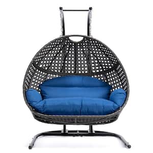 2-Person Charcoal Wicker hanging Double Egg Porch Swing Chair with Stand and Blue Cushions