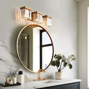 Vintage Crystal Vanity Light for Bathroom Modern 22.2 in. 3-Light Plating Brass Square Wall Sconce for Powder Room