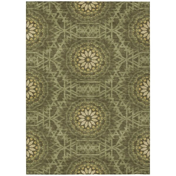 Olive Green, Artichoke Green, Gold 5 ft. x 8 ft. Woven Floral, Medallion Polyester Rectangle Indoor/Outdoor Area Rug