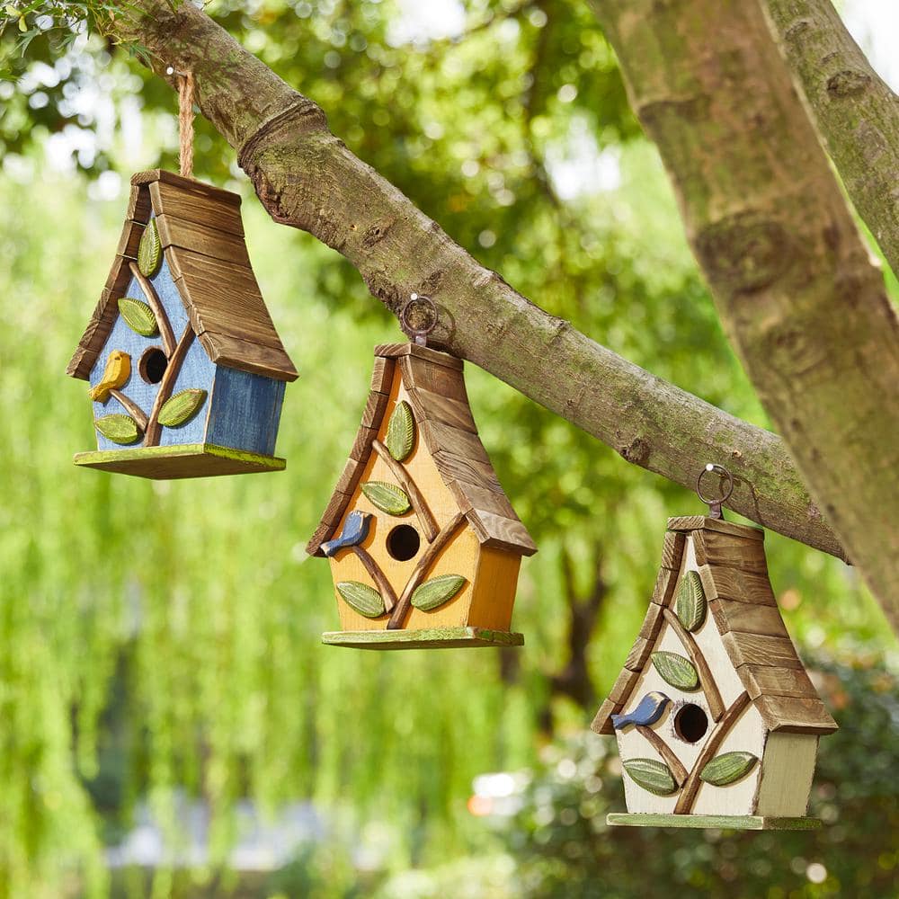 Distressed Washed White Solid Wood Birdhouse with Natural Pallet Roof