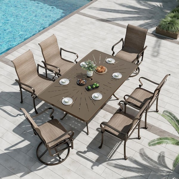 Clihome Aluminum Plate Rectangular Dining Table and Chair 7-Piece Set Outdoor Dining with Umbrella Hole