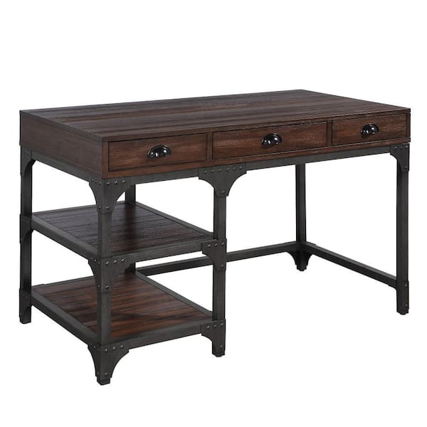 Benjara 47 in. Rectangular Brown Wood Top 3-Drawer Writing Desk with Plank Details