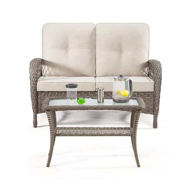 Unbranded 2 Pieces Brown Wicker Outdoor All Weather Sectional Set with One Love Seat and One Coffee Table, with Beige Cushions