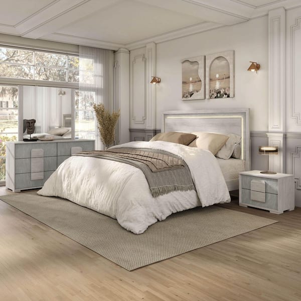 Bulevard 4-Piece Washed White Wood Queen Panel LED Bedroom Set with Nightstand and Dresser/Mirror