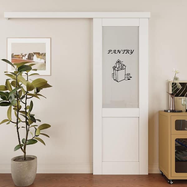18 in. x 80 in. Hidden Track 1/2 Lite Glass White Primed MDF Sliding Barn Door with Hardware Kit and Pantry Sticker