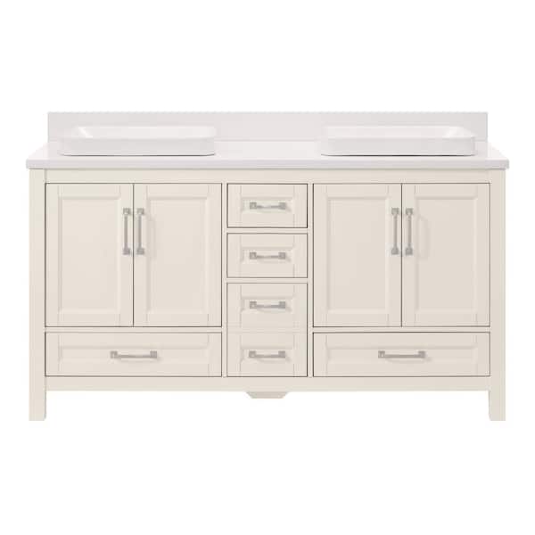 Bentworth 60 in. Double Semi-Recessed Sinks Warm White Bath Vanity with White Engineered Marble Top (Assembled)