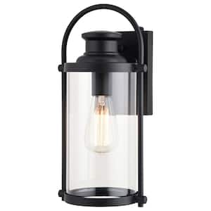Winfield 1-Light Matte Black Dusk to Dawn Outdoor Wall Lantern Clear Cylinder Glass