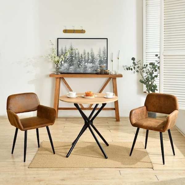 MFTY 3-Piece Modern Style Dining Set - Oak Wood Round Table with Black Frame and 2-Chocolate Faux Leather Armchairs