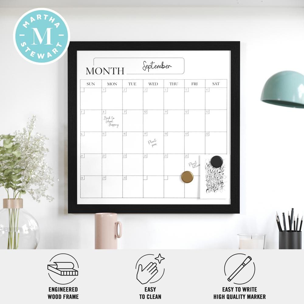 Black Woodgrain Magnetic Monthly Dry Erase Calendar with Marker and Magnets