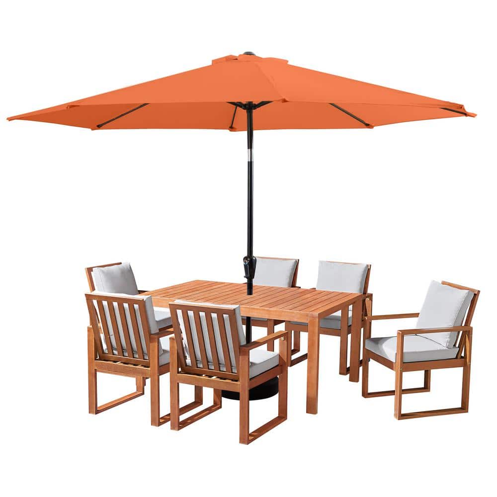 8 Piece Set, Weston Wood Outdoor Dining Table Set with 6 Cushioned Chairs, 